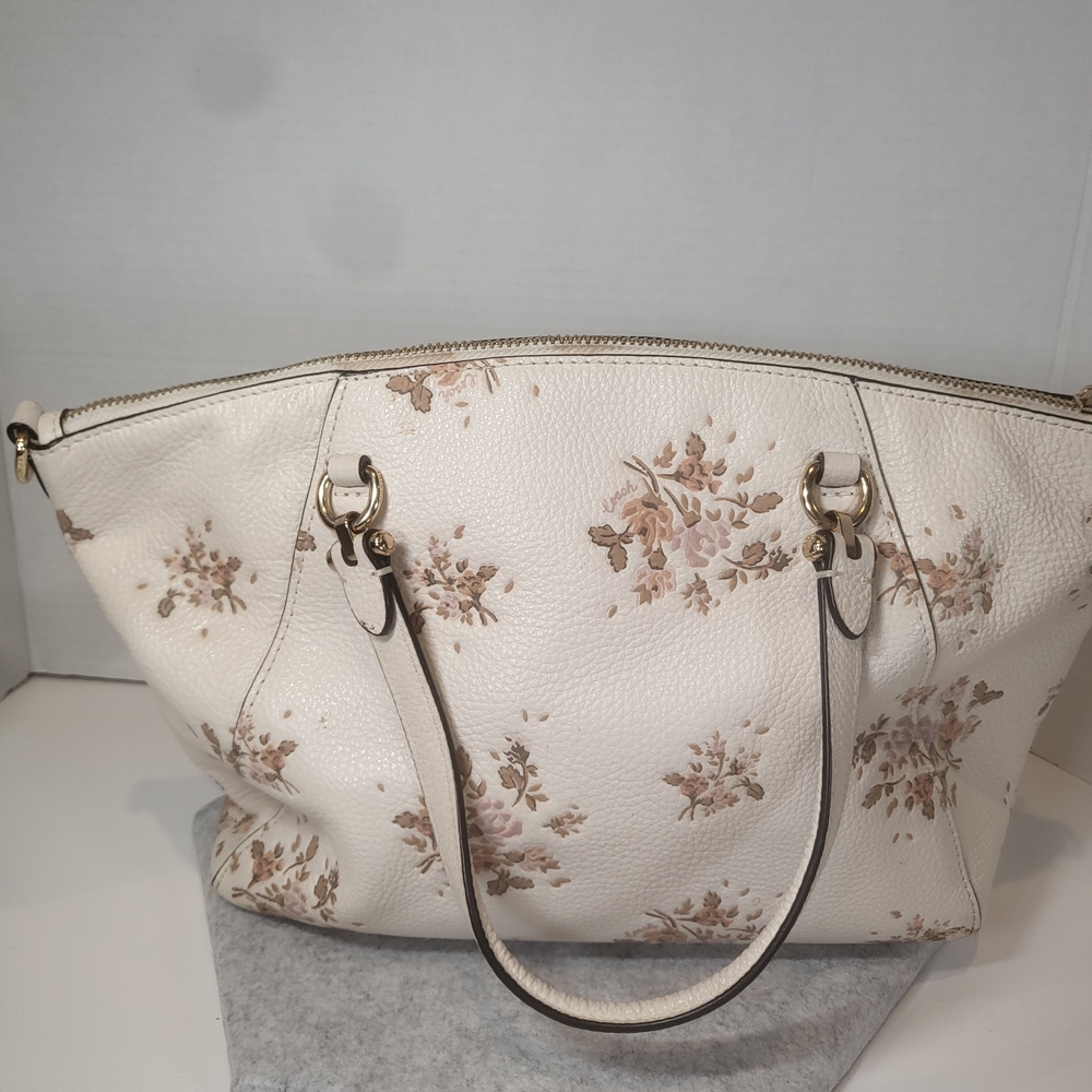 Coach Cream Pebbled Leather Satchel with Tan Floral Print - Picture 3 of 7